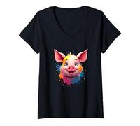 Femme Tête de Cochon Souriant avec éclaboussures colorées T-Shirt avec Col en V
