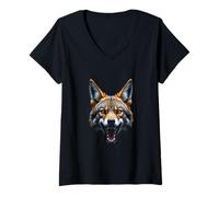 Femme Tête de Coyote en colère - Animal Sauvage Rugissant - Art du désert T-Shirt avec Col en V