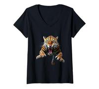Femme Tête de Jaguar en colère Rugissant Animal Sauvage Jungle Art T-Shirt avec Col en V
