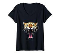 Femme Tête de Jaguar en colère Rugissant Animal Sauvage Jungle Art T-Shirt avec Col en V