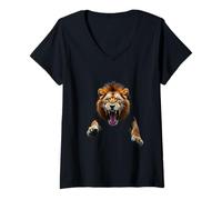 Femme Tête de Lion en colère - Animaux Sauvages rugissants - Art de la Jungle T-Shirt avec Col en V