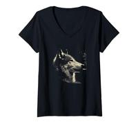 Femme Tête de Loup Hurlant Nature Nature Esprit T-Shirt avec Col en V