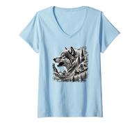 Femme Tête de loup silhouette de loup loup montagne aventure nature loup T-Shirt avec Col en V