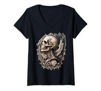 Femme Tête de Mort Ailes Baroque Gothique Vintage Tattoo T-Shirt avec Col en V