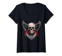 Femme Tête de mort, ailes & roses rouges skull gothique T-Shirt avec Col en V