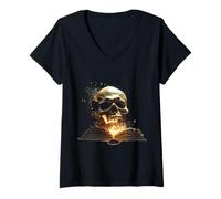 Femme Tête de Mort Anatomie Fantaisie Motif Crâne Art Crâne T-Shirt avec Col en V