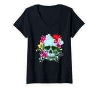 Femme Tête de Mort bohème esthétique Gothique avec Fleurs T-Shirt avec Col en V