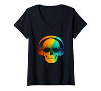 Femme Tête de Mort DJ Disc Jockey T-Shirt avec Col en V