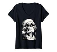 Femme Tête de Mort Gothique DJ dans Lunettes de Soleil Gothique Noël Squelette Deejay T-Shirt avec Col en V