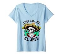 Femme Tête de Mort Mexicaine Sombrero Call Me El Jefe Cinco de T-Shirt avec Col en V