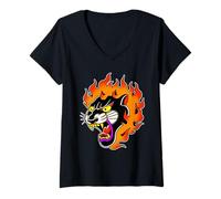 Femme Tête de panthère en feu Black Panther Tattoo Flash Traditionnel T-Shirt avec Col en V