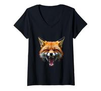 Femme Tête de Renard en colère Rugissant Animal Sauvage forêt Art T-Shirt avec Col en V