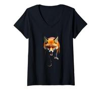Femme Tête de Renard en colère Rugissant Animal Sauvage forêt Art T-Shirt avec Col en V