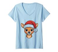 Femme Tête de Renne de Noël Kawaii avec Bonnet de Père Noël T-Shirt avec Col en V