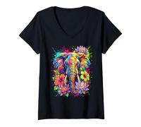 Femme Tête d'éléphant colorée - Motif Floral T-Shirt avec Col en V