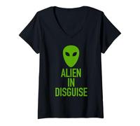 Femme Tête d'extraterrestre Verte déguisée drôle OVNI Haut d'halloween T-Shirt avec Col en V