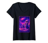 Femme Têtes de Moai de l'île de Pâques - Rapa NUI Alien Galaxy Art T-Shirt avec Col en V