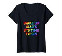 Femme Texte Amusant Arc-en-Ciel Wake Up It's Time to Sin T-Shirt avec Col en V