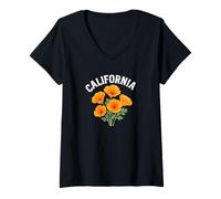 Femme Texte California vieilli avec coquelicots aquarelle T-Shirt avec Col en V
