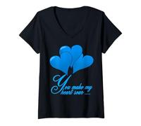 Femme Texte et Motifs Bleus You Make My Heart Soar T-Shirt avec Col en V