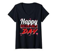 Femme Texte Joyeux Saint-Valentin Cœurs Rouge Festif T-Shirt avec Col en V