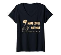 Femme TFS Make Coffee Not War - Adorable Chat et Amateur de café T-Shirt avec Col en V