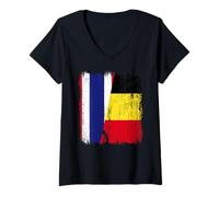 Femme Thaïlande Belgique Demi Drapeau Thaïlandais Belge Jersey T-Shirt avec Col en V