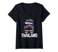 Femme Thaïlande Fille Cheveux désordonnés Drapeau Thaïlandais Fière Chignon Thaïlandais Femme T-Shirt avec Col en V