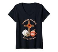 Femme Thank for Jesus Christ and Pumpkin Spice Christian Faith T-Shirt avec Col en V