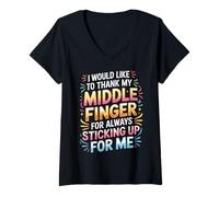 Femme Thanks to My Middle Finger for Having My Back |- T-Shirt avec Col en V