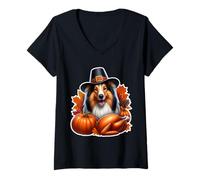 Femme Thanksgiving Collie, propriétaire d'un Chien, Amante, drôle, pèlerin, Dinde, Maman T-Shirt avec Col en V