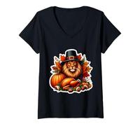 Femme Thanksgiving Dîner Lion Automne Cottagecore Citrouille Lion T-Shirt avec Col en V