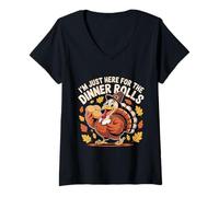 Femme Thanksgiving Turkey Pilgrim I'm Just Here for The Rolls Food T-Shirt avec Col en V