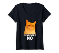 Femme The Answer is No Funny Grumpy Orange Cat Meme Weird Cat Face T-Shirt avec Col en V