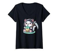 Femme Thé aux bulles japonais, thé boba kawaii anime Neko Grim Reaper Cat T-Shirt avec Col en V