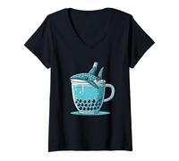 Femme Thé aux Bulles Motif Baleine Requin drôle océan T-Shirt avec Col en V