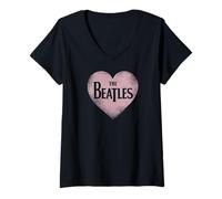 Femme The Beatles - Design rétro en Forme de cœur Rose T-Shirt avec Col en V