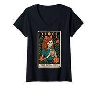 Femme The Boba Girl Bubble Tea Carte de Tarot Motif Lune sorcière T-Shirt avec Col en V