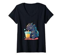 Femme Thé Boba Kaiju Japonais Amusant T-Shirt avec Col en V