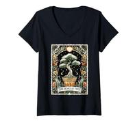 Femme The Bonsai Tree Carte de Tarot Zen Japonaise Motif Lune sorcière T-Shirt avec Col en V