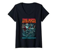 Femme The Boys are Back in Town Christmas Jesus Santa Rock n Roll T-Shirt avec Col en V