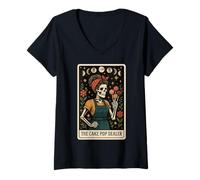 Femme The Cake Pop Dealer Carte de Tarot Motif Lune sorcière T-Shirt avec Col en V