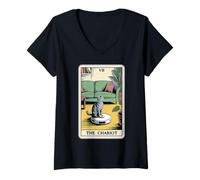 Femme The Chariot Robot Aspirateur Chat Carte de Tarot Drôle Chat T-Shirt avec Col en V