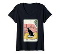 Femme The Chariot Robot Aspirateur Chat Carte de Tarot Drôle Chat T-Shirt avec Col en V