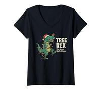 Femme The Christmas Wonder Sapin de Noël Dinosaure Rex T-Shirt avec Col en V
