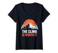 Femme The Climb is Worth It Mountain Sunset Motivation Minimaliste T-Shirt avec Col en V