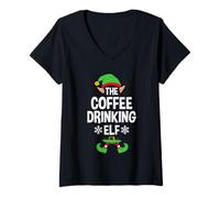 Femme The Coffee Drinking Elf Party Family Group Assortiment de Noël T-Shirt avec Col en V