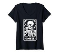 Femme The Coffee Tarot Carte Squelette Halloween Coffee Lover T-Shirt avec Col en V