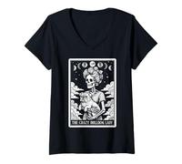 Femme The Crazy Bulldog Lady Dog Carte de Tarot Squelette Lune sorcière T-Shirt avec Col en V