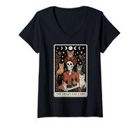 Femme The Crazy Cat Lady Cat Carte de Tarot Squelette Motif Lune sorcière T-Shirt avec Col en V